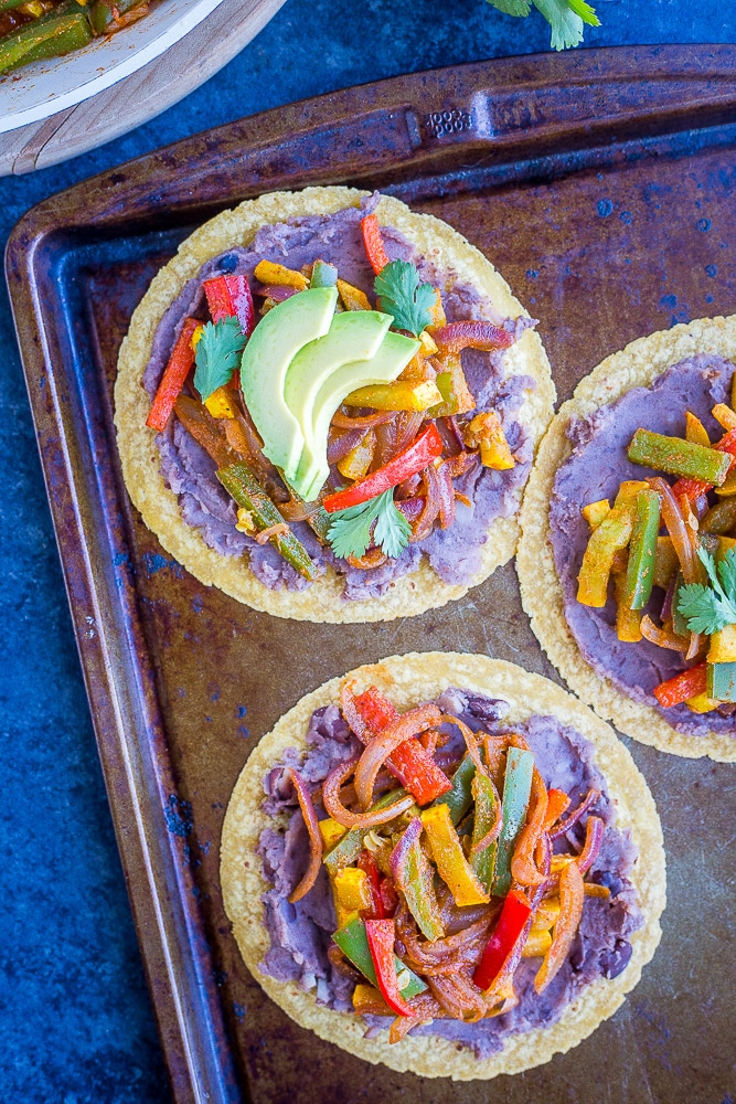 Fajita Tostadas cooked on a sheet pan