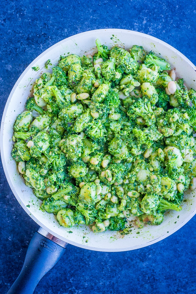 Pesto Gnocchi with White Beans and Broccoli Recipe in a pan