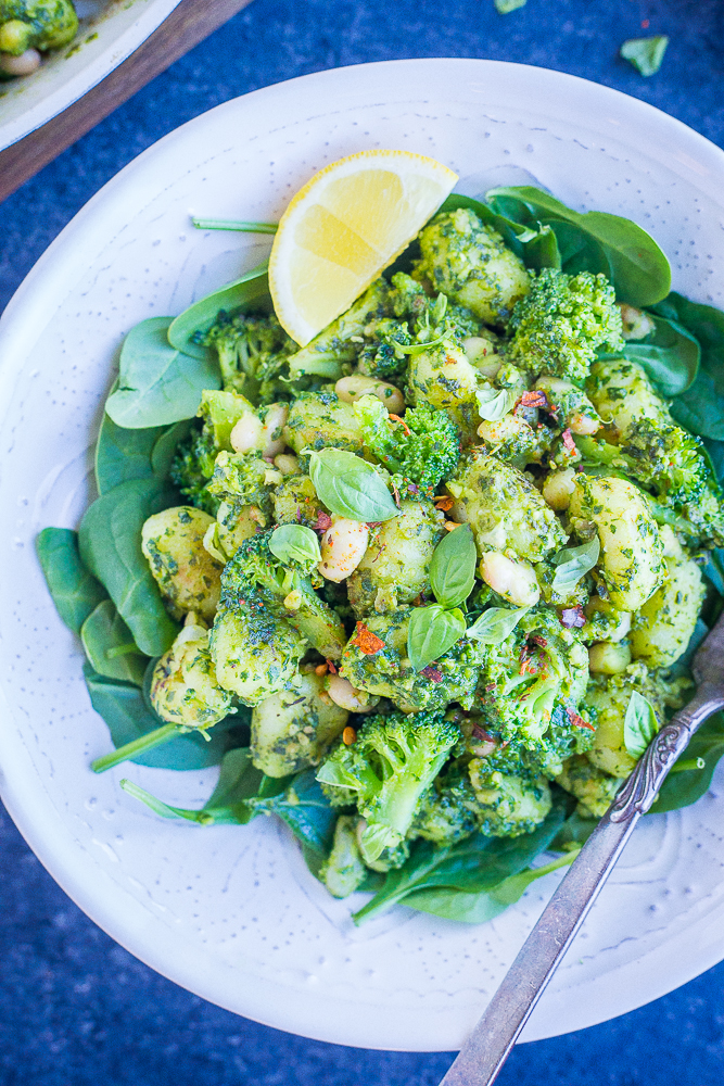 Bowl of Pesto Gnocchi with White Beans and Broccoli