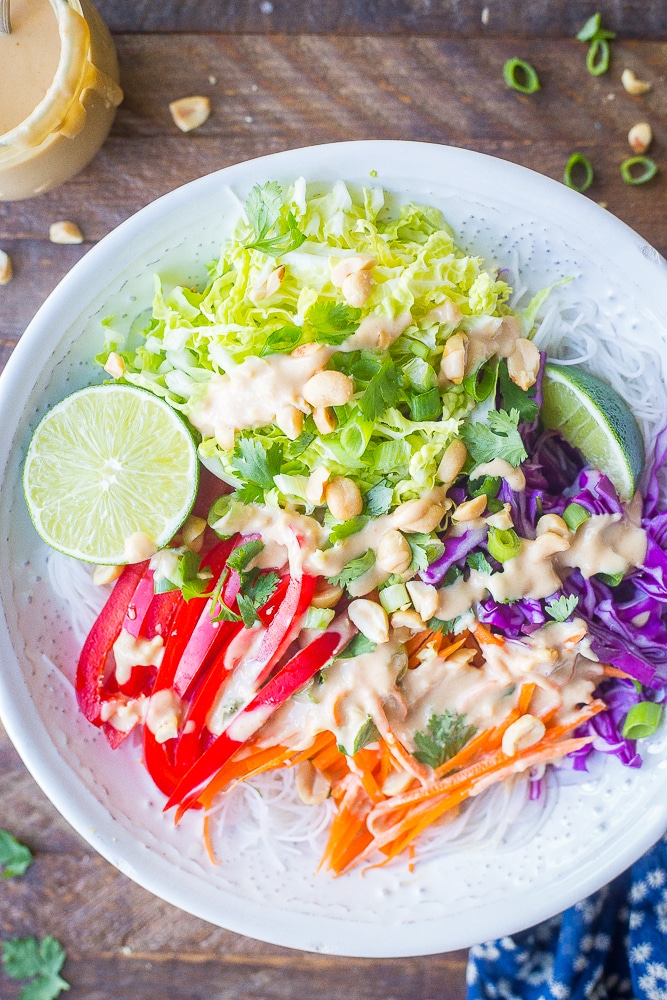 Noodle salad topped with the best homemade peanut sauce