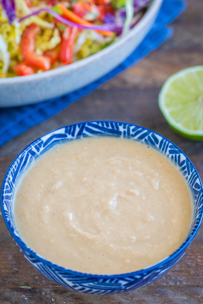 Bowl of peanut sauce for Thai Peanut Noodle Bowls