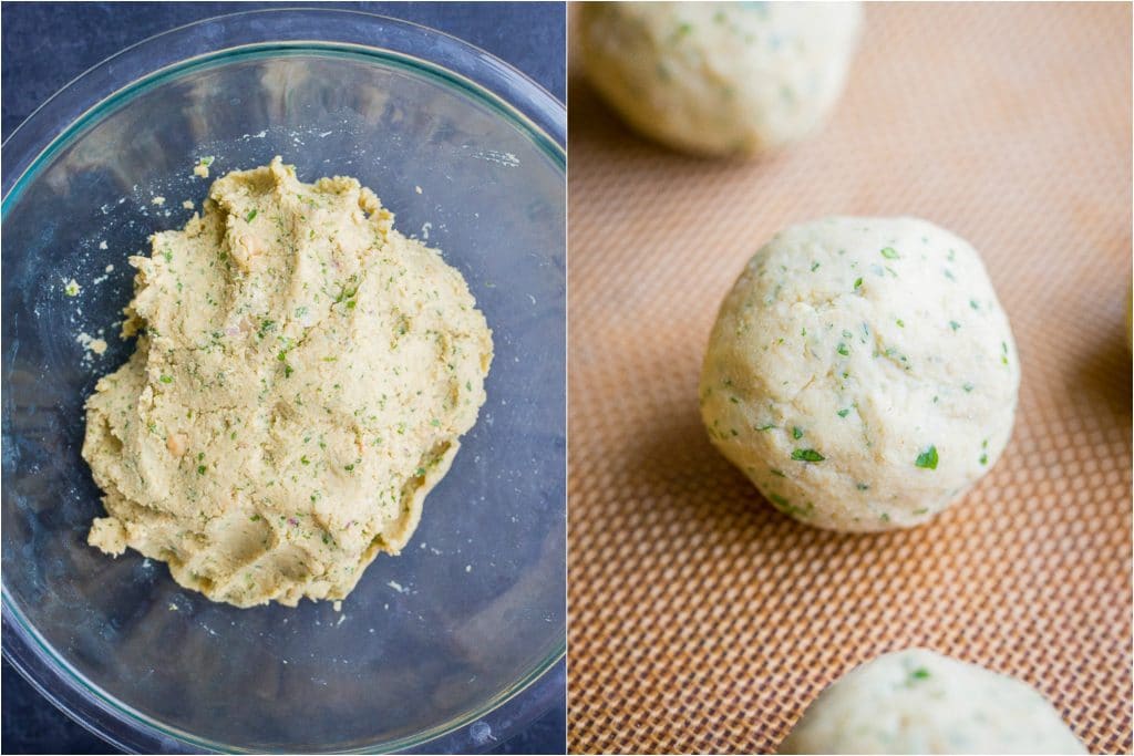 Falafel mixture and falafel mixture made into balls for this easy homemade falafel recipe