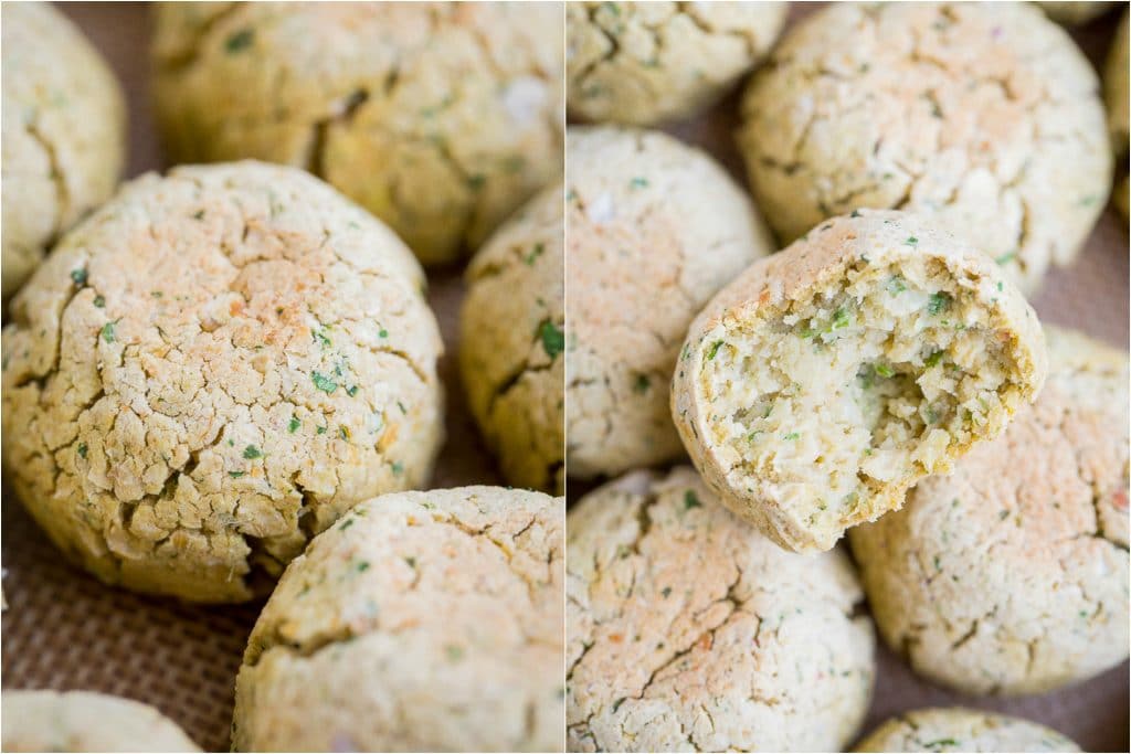Baked falafel balls that shows the outside and inside
