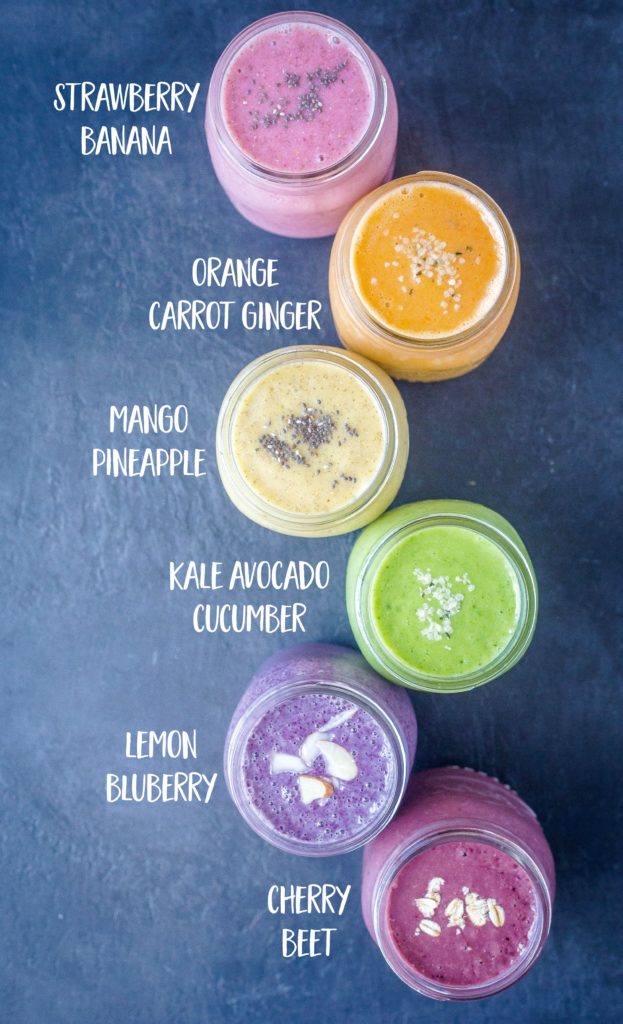 6 smoothie recipes in mason jars with the flavor title next to them