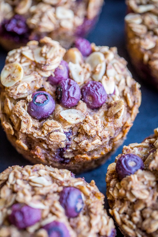 Close up view of blueberry banana baked oatmeal cups