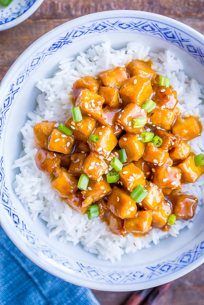 Close up of vegan orange tofu recipe in a bowl