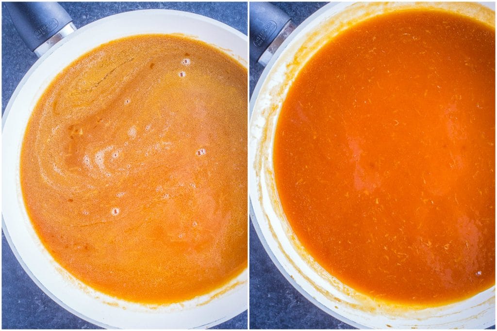 Orange sauce recipe before and after being cooked