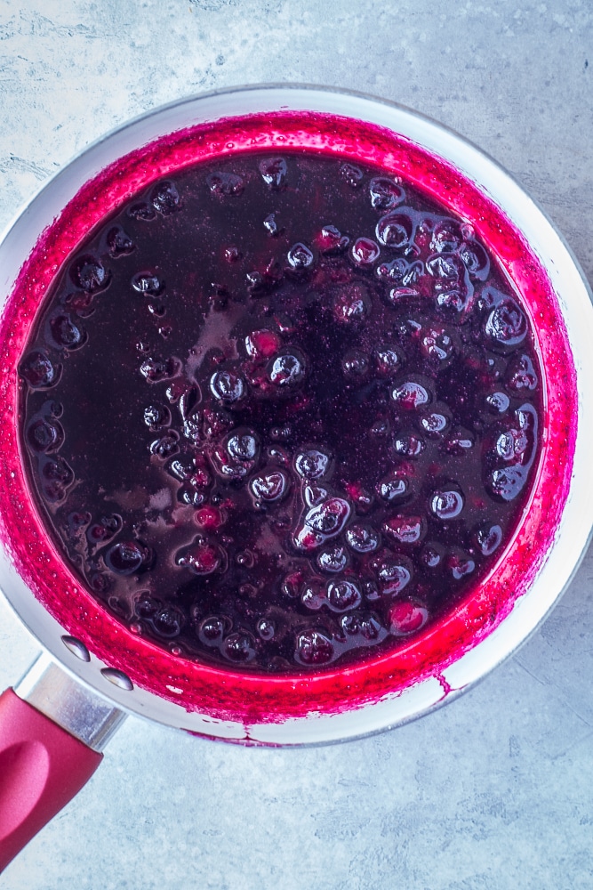 Blueberries cooked down for this Homemade Blueberry Lemonade Recipe