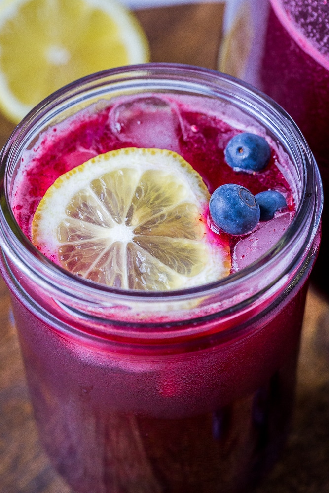 Close up shot of homemade blueberry lemonade