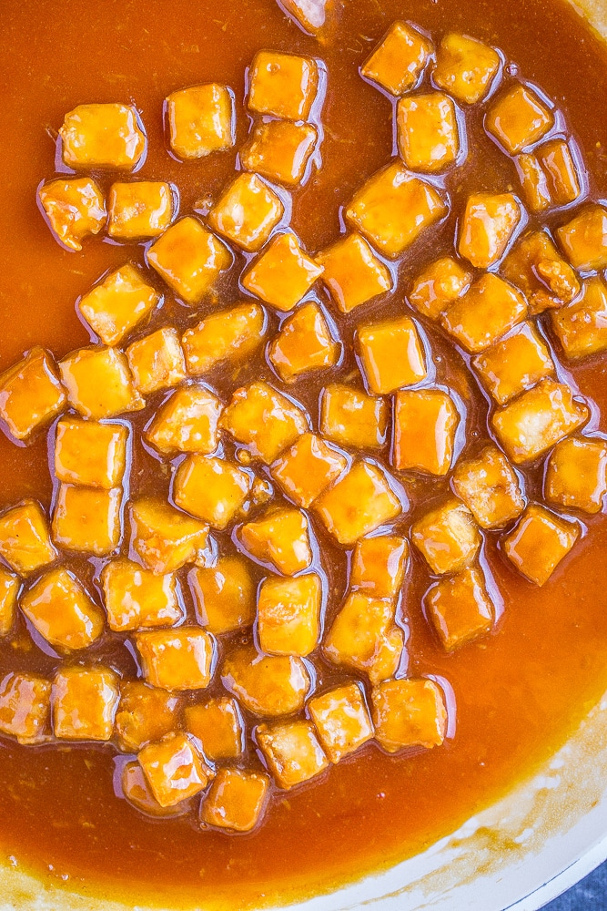 Healthy orange sauce recipe on some crispy tofu