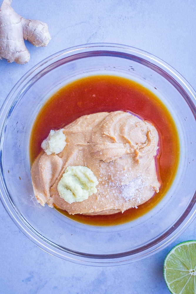 Ingredients in a bowl for best homemade peanut sauce recipe