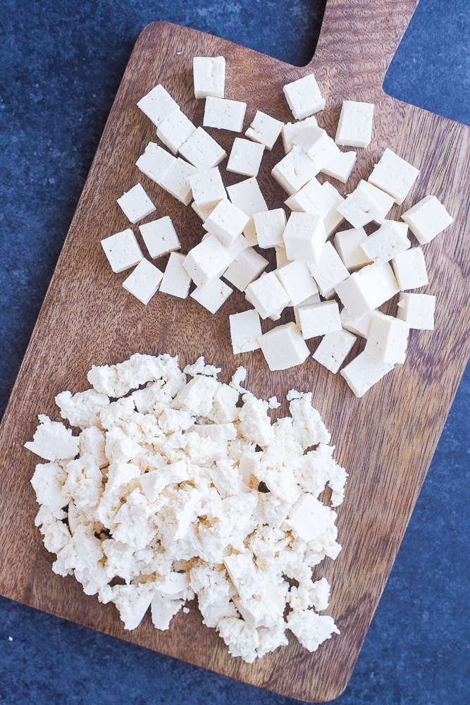 Tofu crumbled and cubed for vegan feta cheese recipe