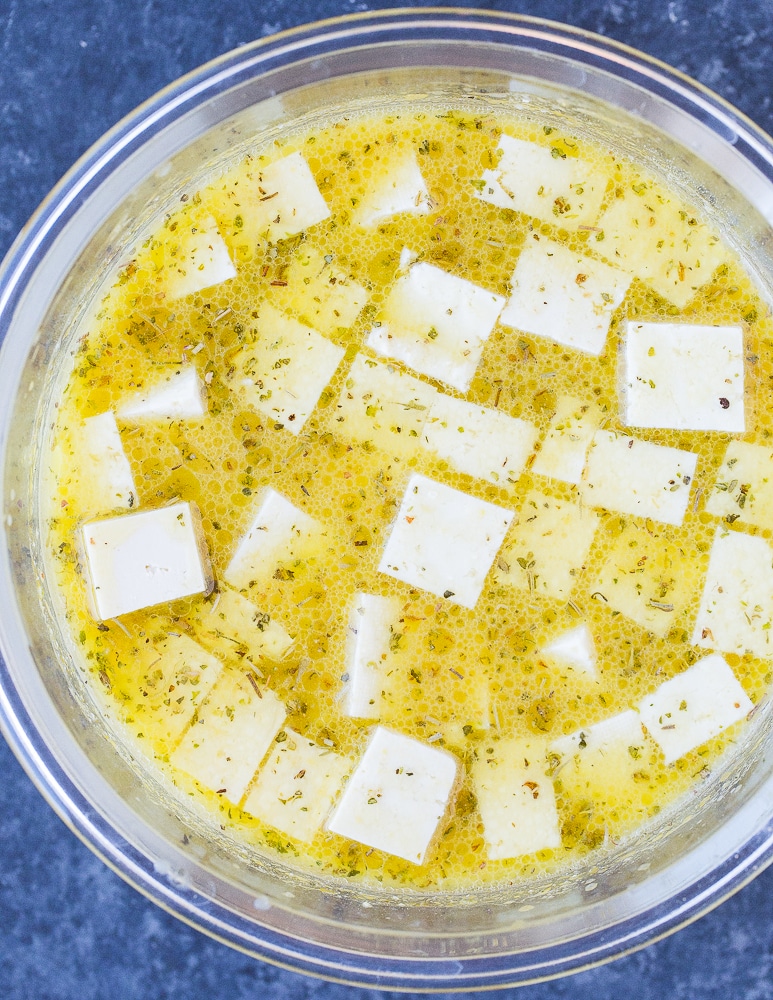 Tofu in the vegan feta cheese marinade