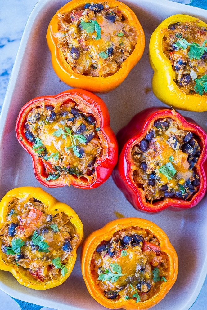 Cooked vegetarian stuffed peppers in a pan