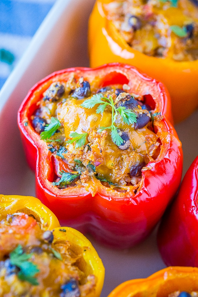 Close up of a vegetarian stuffed pepper with cauliflower rice