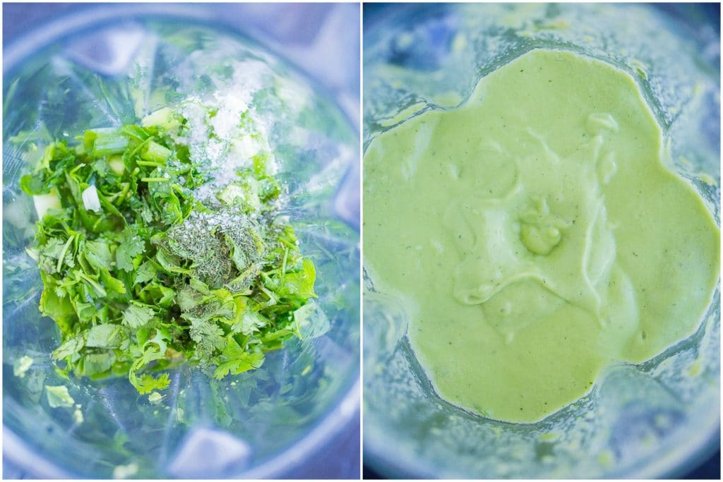 Avocado ranch dressing ingredients in a blender before and after