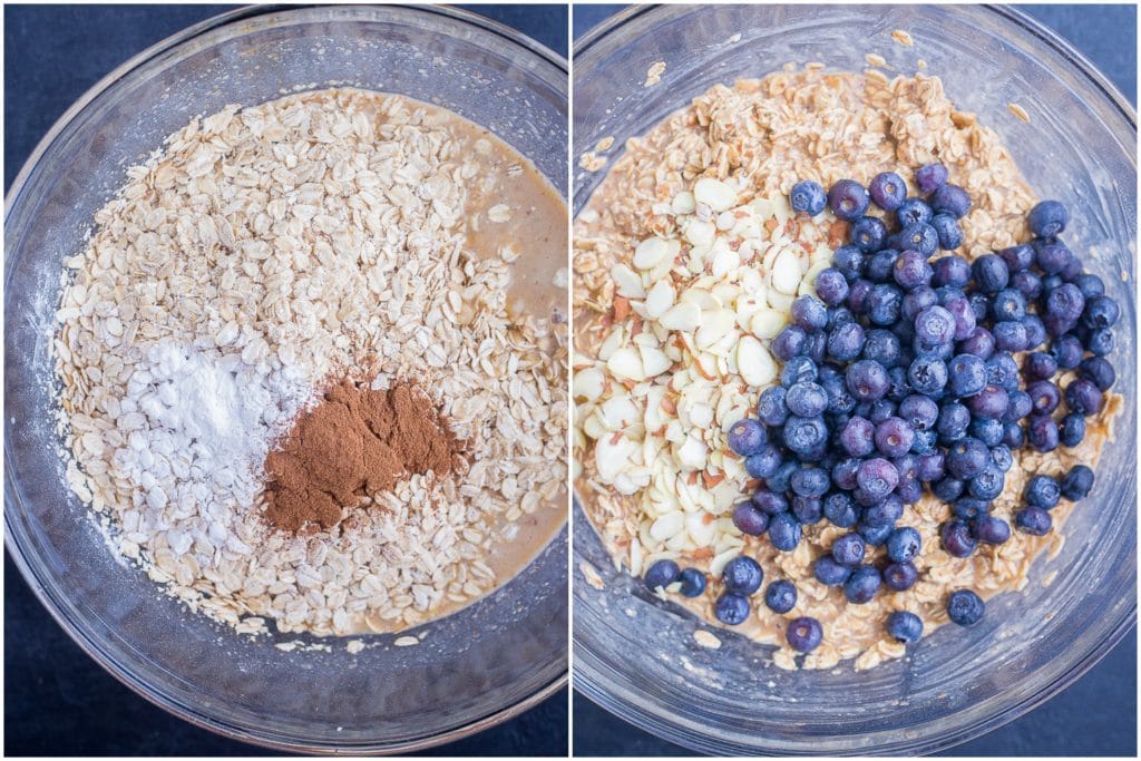 Blueberry Banana Baked Oatmeal Cup Recipe ingredients in a mixing bowl