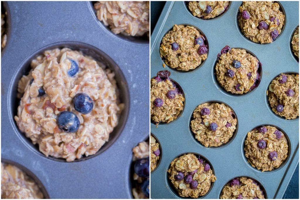 Blueberry banana baked oatmeal cups before and after being cooked