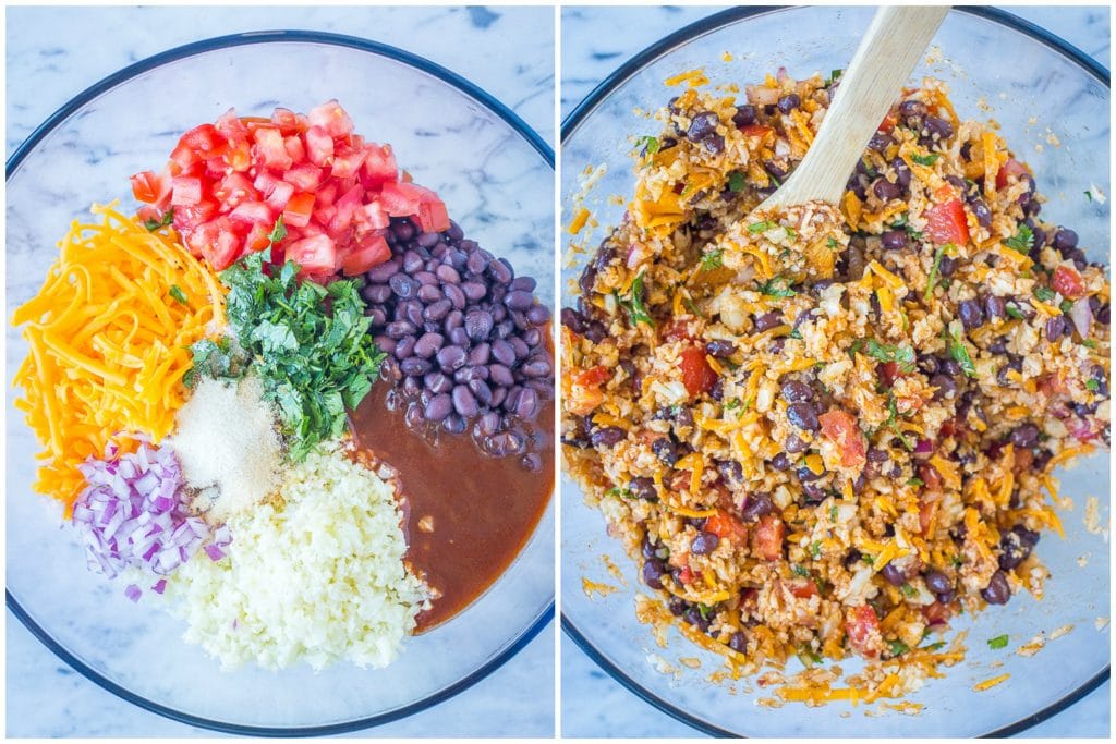 Before and after photo of the filling for these vegetarian stuffed peppers with cauliflower rice