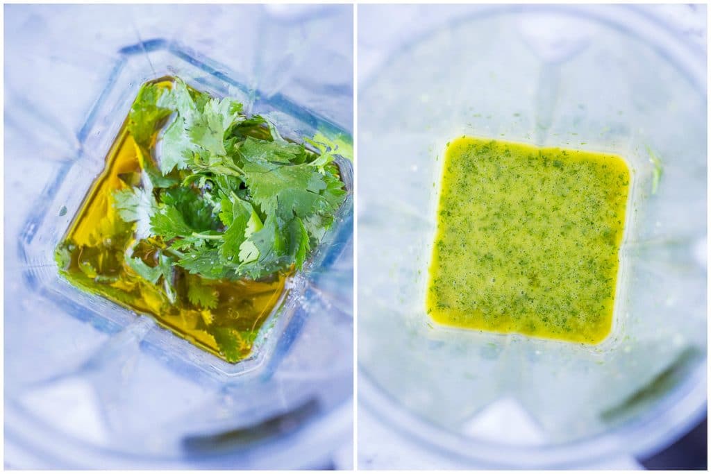 Cilantro lime dressing before and after for black bean salad with mango and avocado