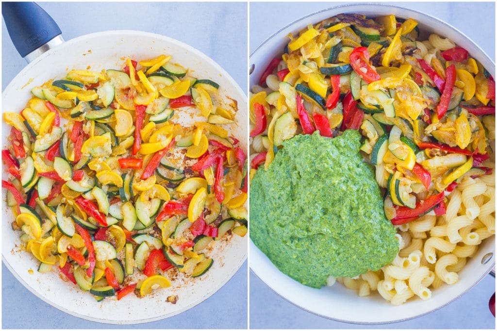 Vegetables in a pan and vegetables, noodles and pasta in a pot for pesto pasta with summer vegetables