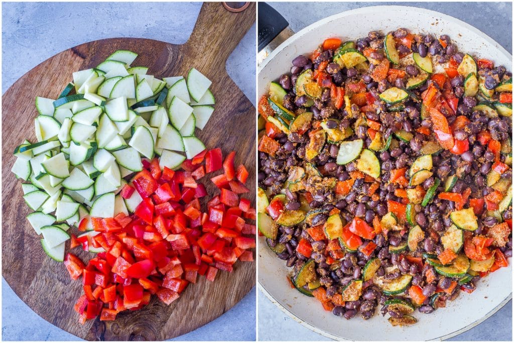 Before and after ingredient pictures for Vegan Taco Bowls