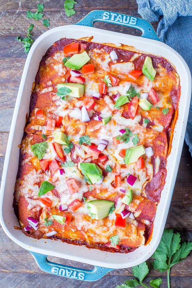 A pan of healthy vegetarian enchiladas