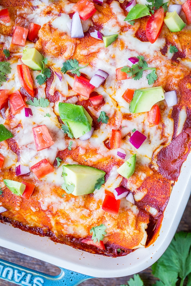 Close up of easy vegetarian enchilada recipe in a pan