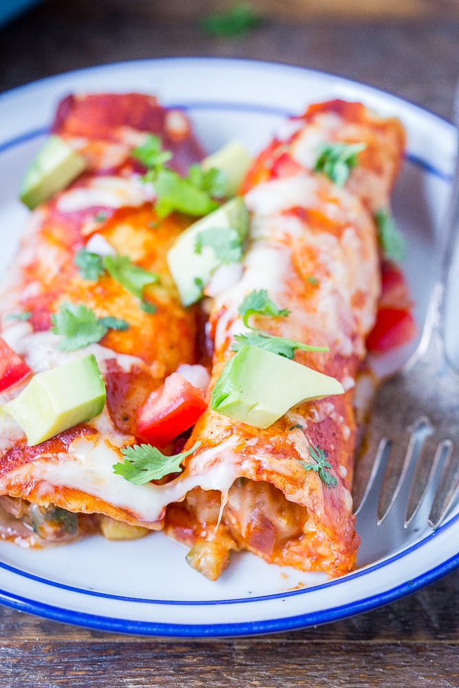 Close up of the best vegetarian enchiladas on a plate