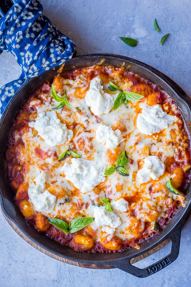 Gnocchi Lasagna Bake Recipe in a cast iron skillet