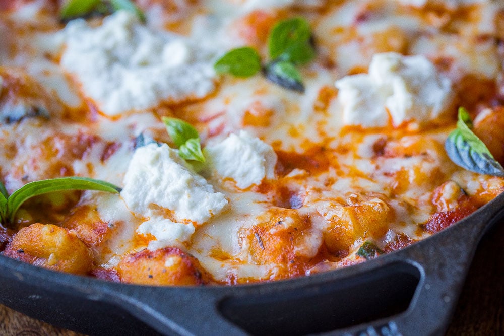 Close up of gnocchi lasagna bake in a skillet