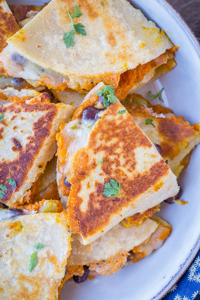 Close up photo of pumpkin quesadilla on a plate