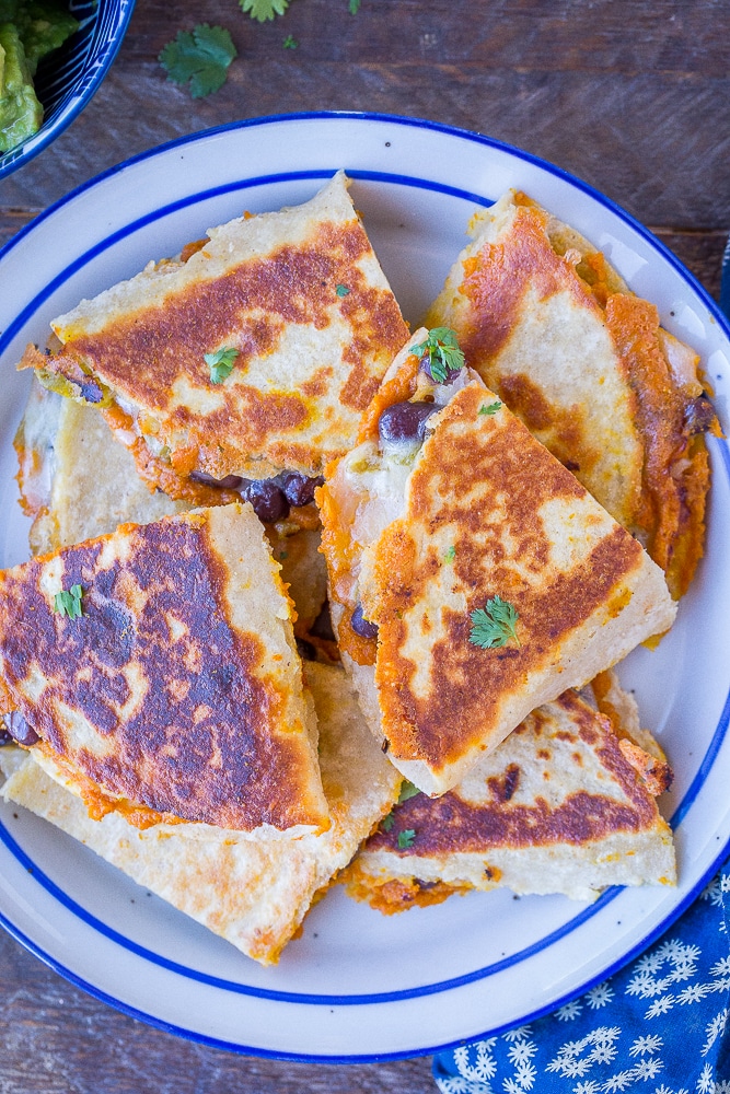 Pumpkin Quesadillas cut up on a plate