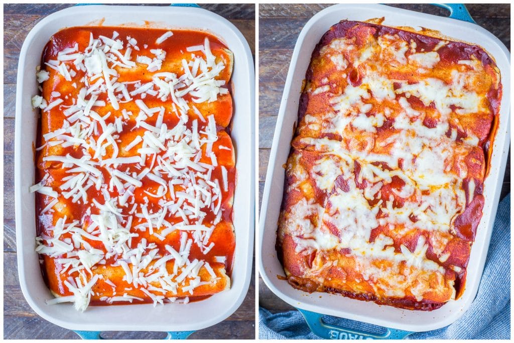 Before and after photos of uncooked and cooked pan of vegetarian enchiladas