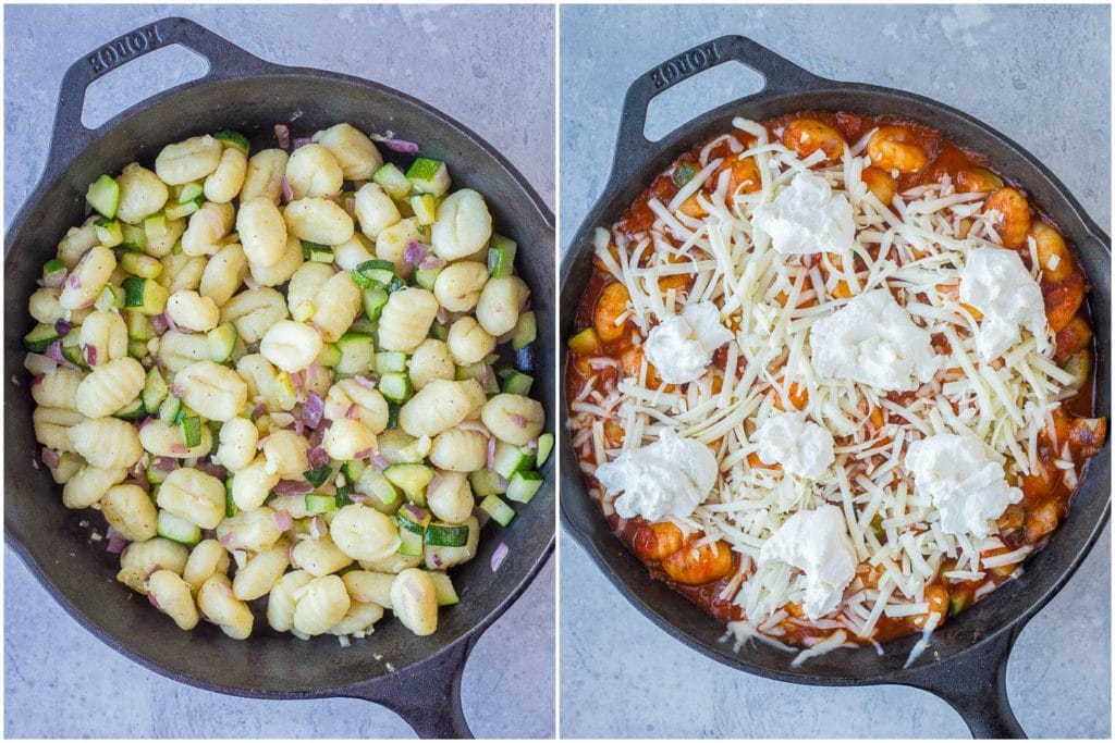 Gnocchi Lasagna Bake being assembled with ingredients