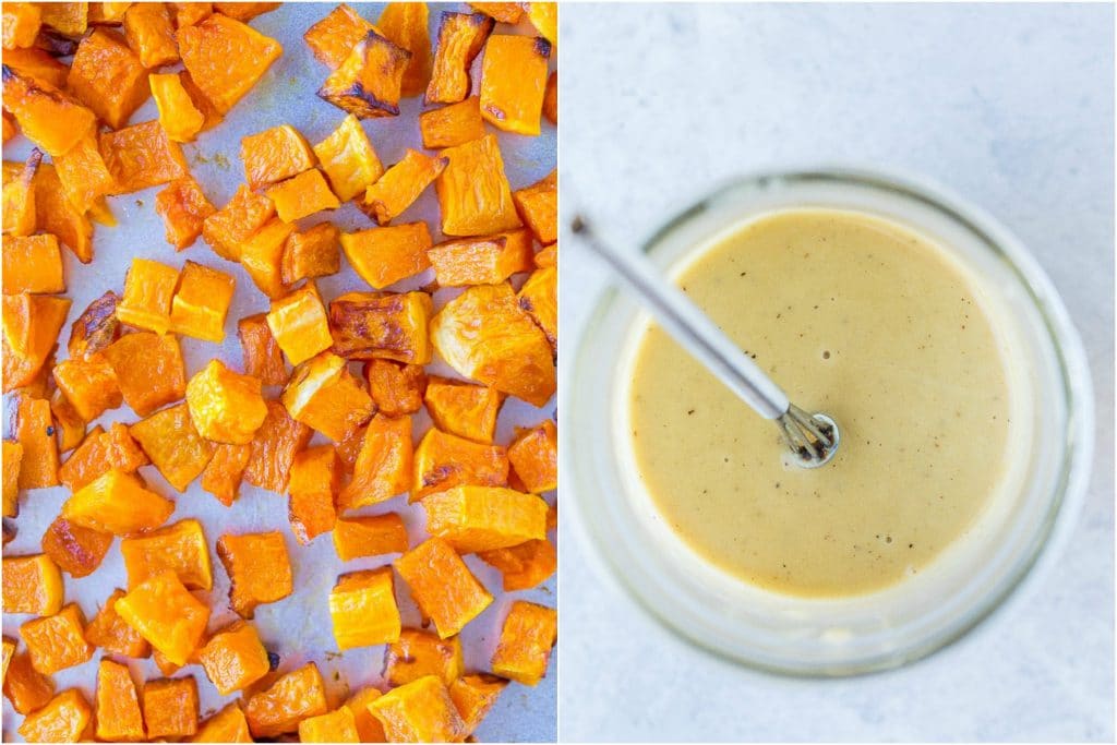 Ingredients for fall harvest salad: left is roasted butternut squash and right is creamy apple cider vinegar dressing.