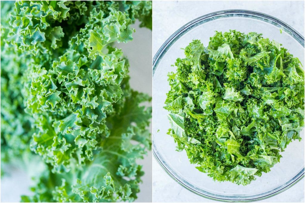 Ingredients for fall harvest salad recipe, close up of kale and kale in a a bowl