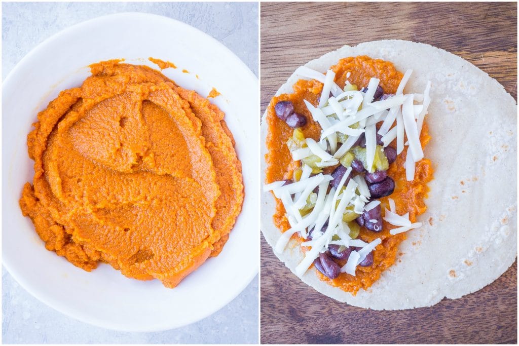Left photo of the pumpkin puree in a bowl, right photo of the pumpkin quesadilla before its made