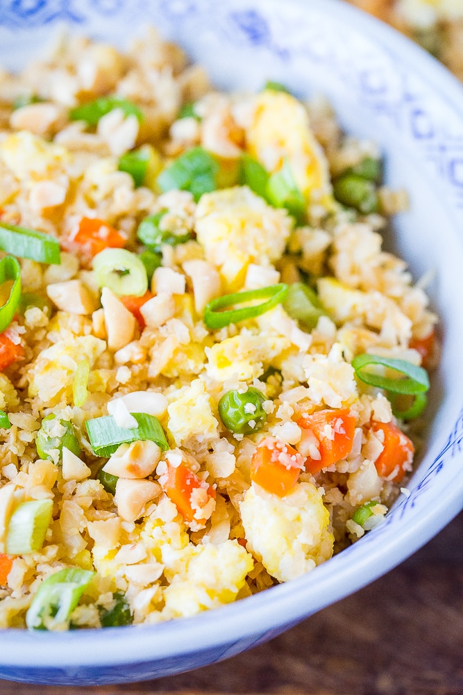 Close up shot of vegetarian cauliflower fried rice in a bowl