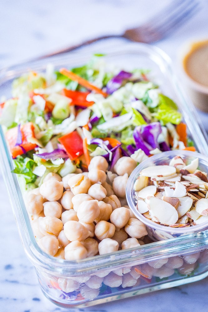 Closeup view of Asian Chopped Salad in a meal prep container