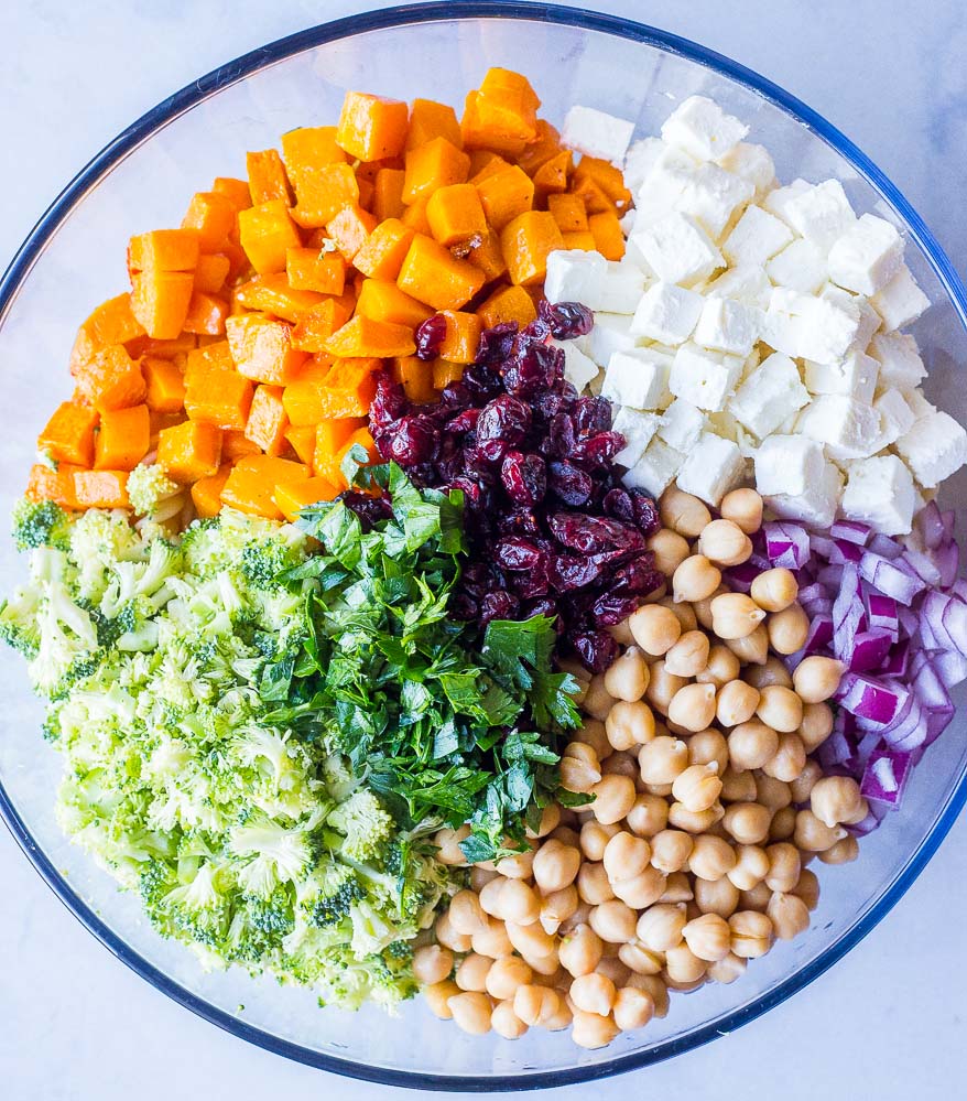 ingredients in a bowl for fall pasta salad recipe