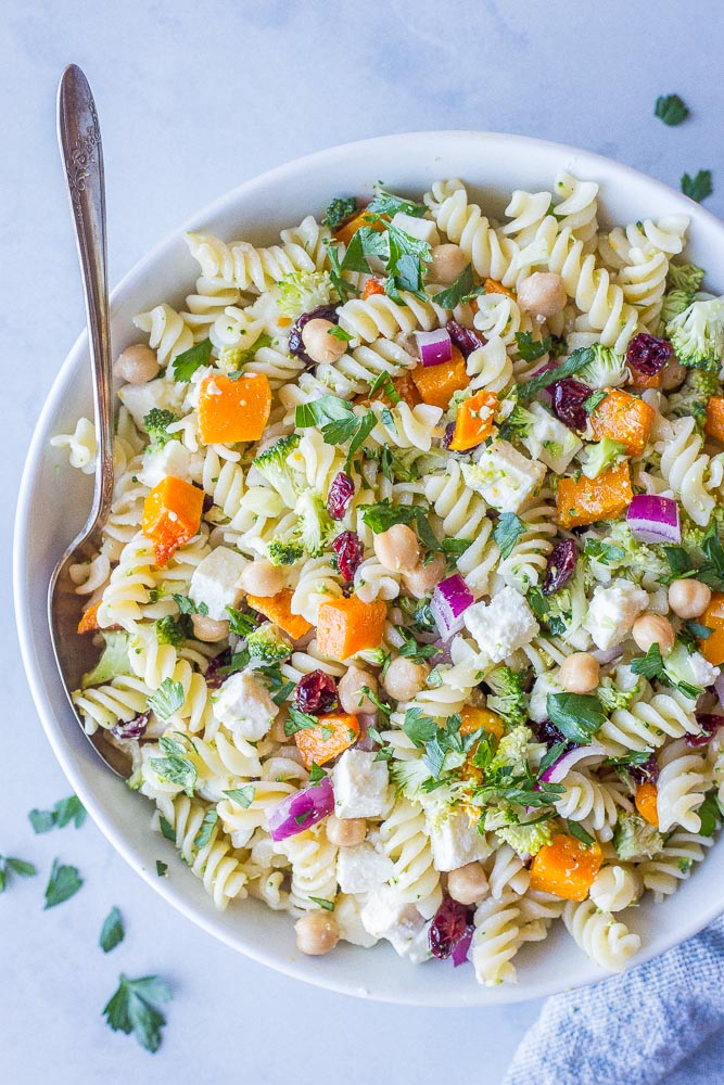 big bowl of fall pasta salad with butternut squash and feta cheese