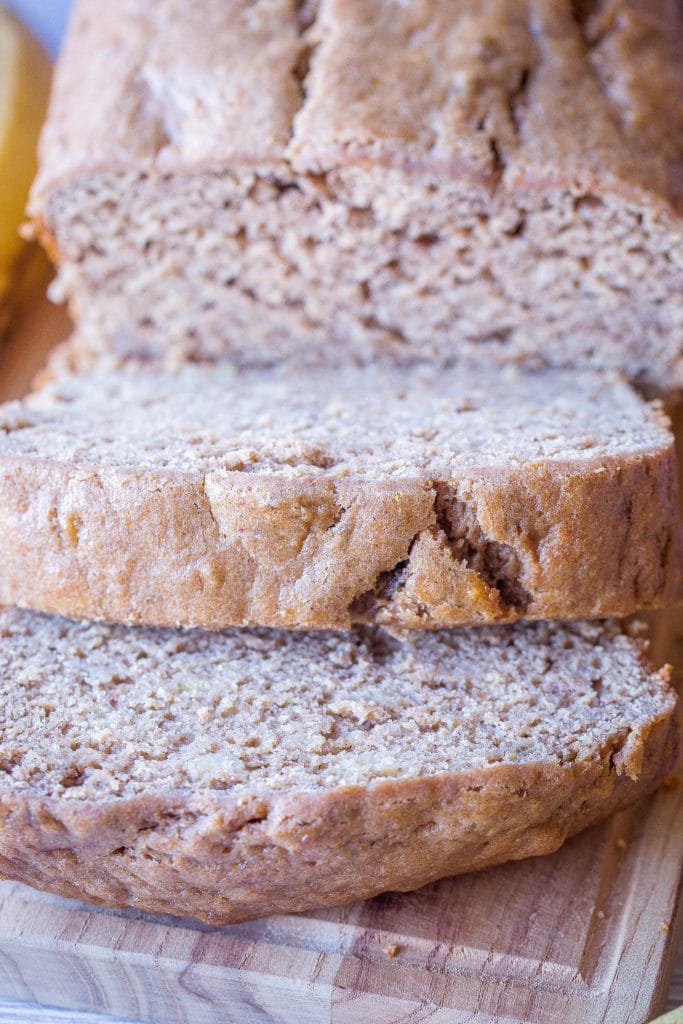 Close up view of slice of healthy banana bread