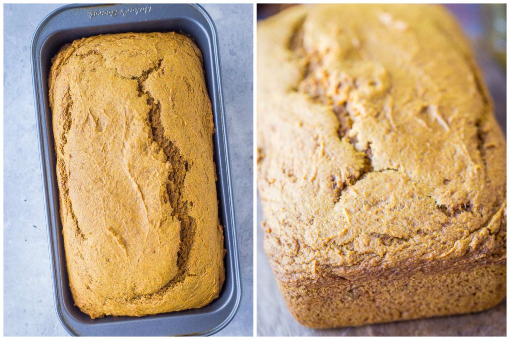 Healthy Pumpkin Bread Recipe in a pan and then close up out of the pan