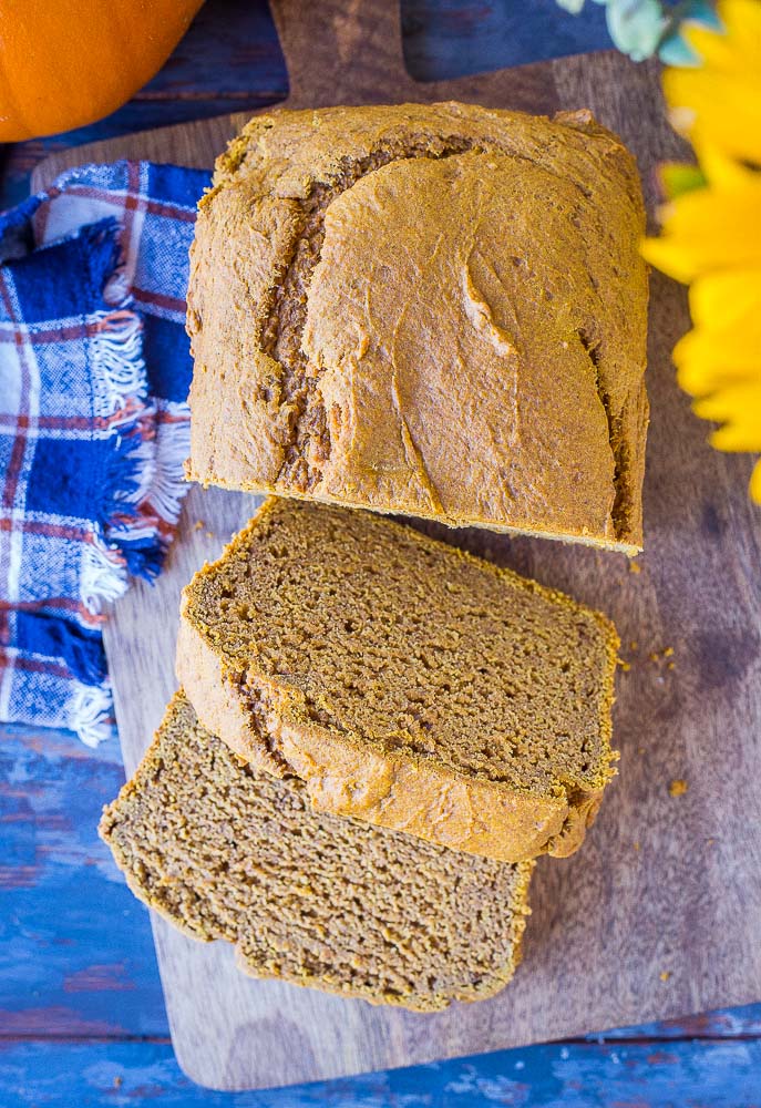 Healthy Pumpkin Bread with two slices taken out