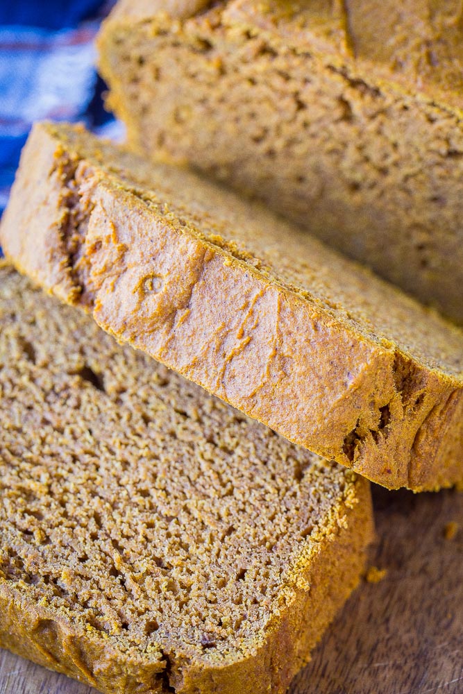 Close up of a slice of pumpkin bread