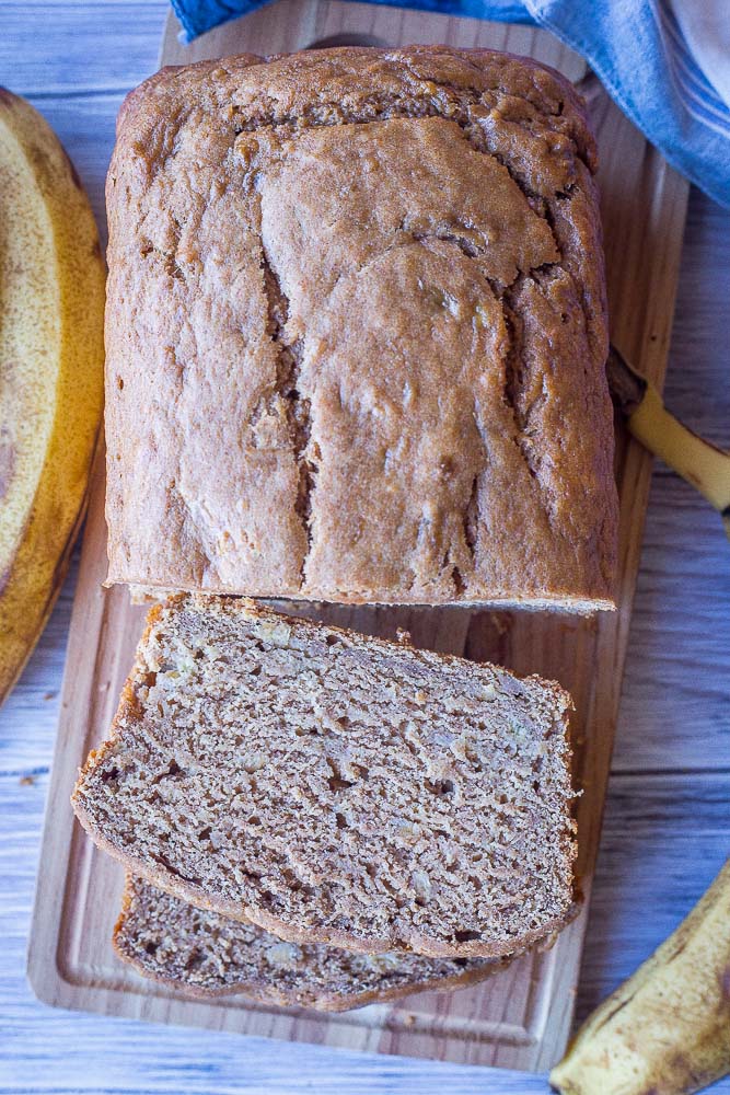 Healthy Banana Bread recipe with two slices taken out