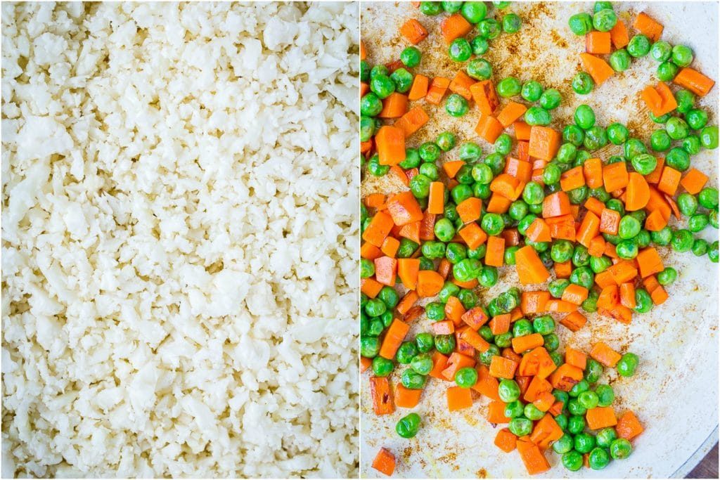 Side by side photos of how to make cauliflower fried rice