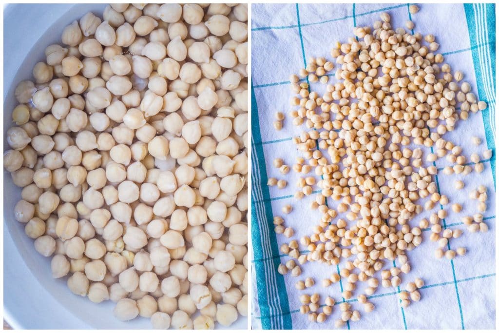 chickpeas soaking in vinegar and patted dry on a towel for salt and vinegar roasted chickpea recipe