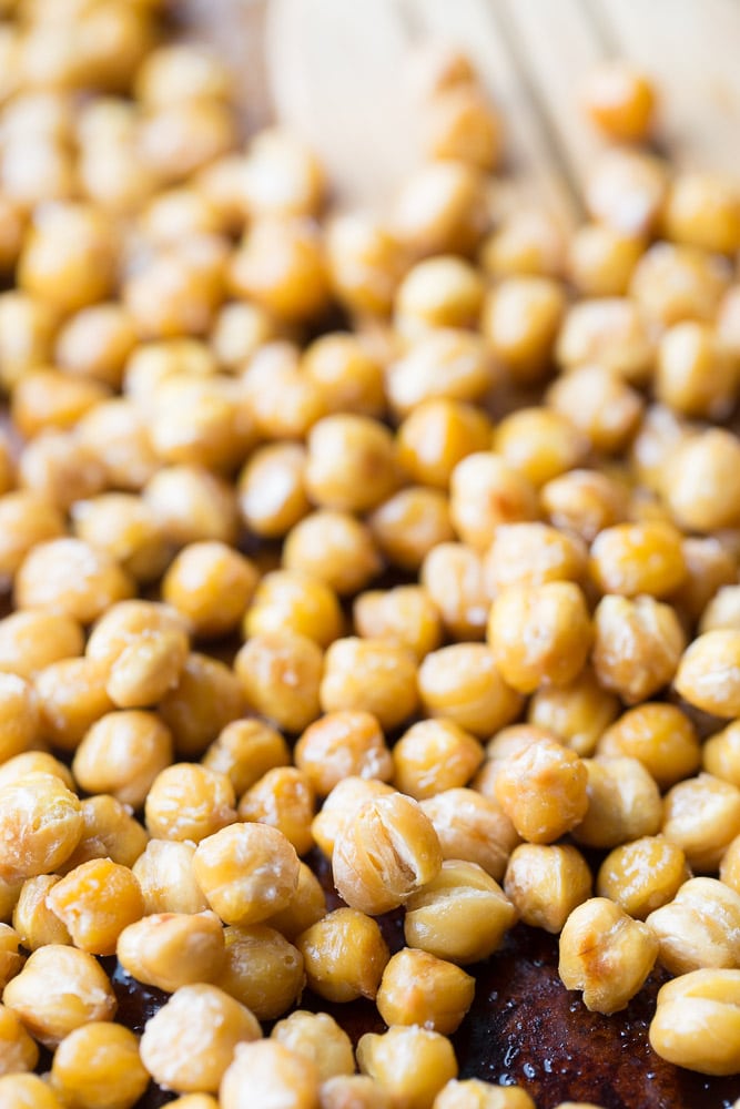 Close up of salt and vinegar roasted chickpeas